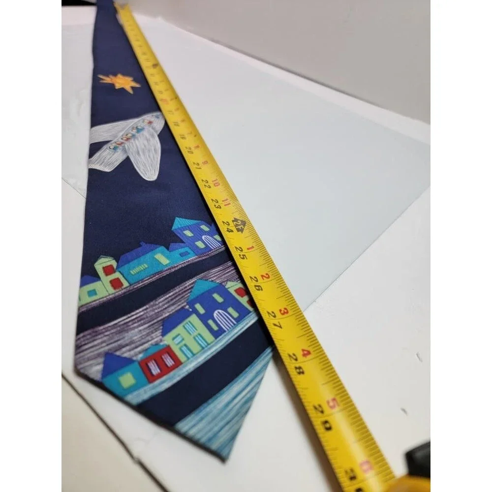 Save the Children Mens Silk Tie Navy Blue Airplane Houses Art Sam Age 10